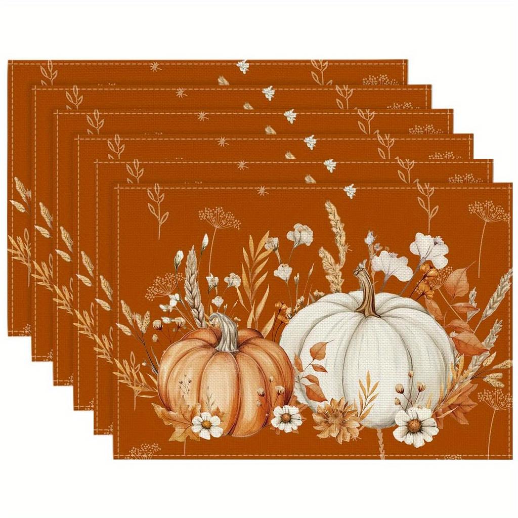 4/6pcs Pumpkins Wheat Fall Placemats, Thanksgiving Vintage Table Placemats for Dining Party Decoration 12x18 Inch