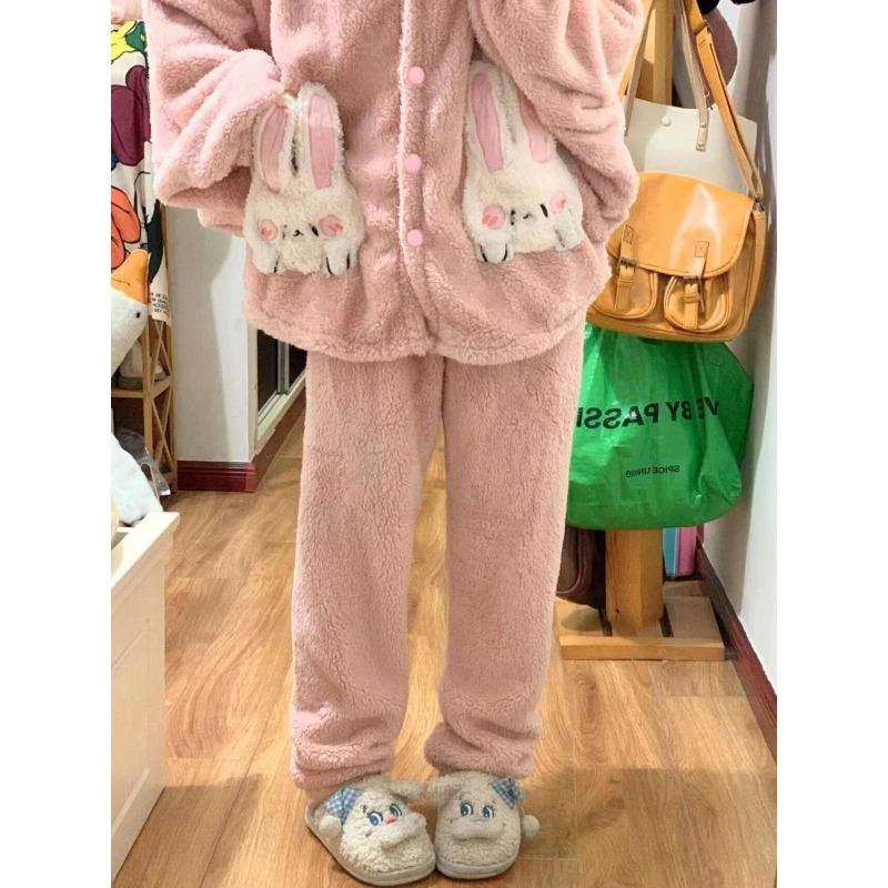 Rabbit Coral Fleece Pajama Women Autumn Winter Sleepwear Fleece Thick Cute Flannel Loungewear Set Round Hooded Homewear