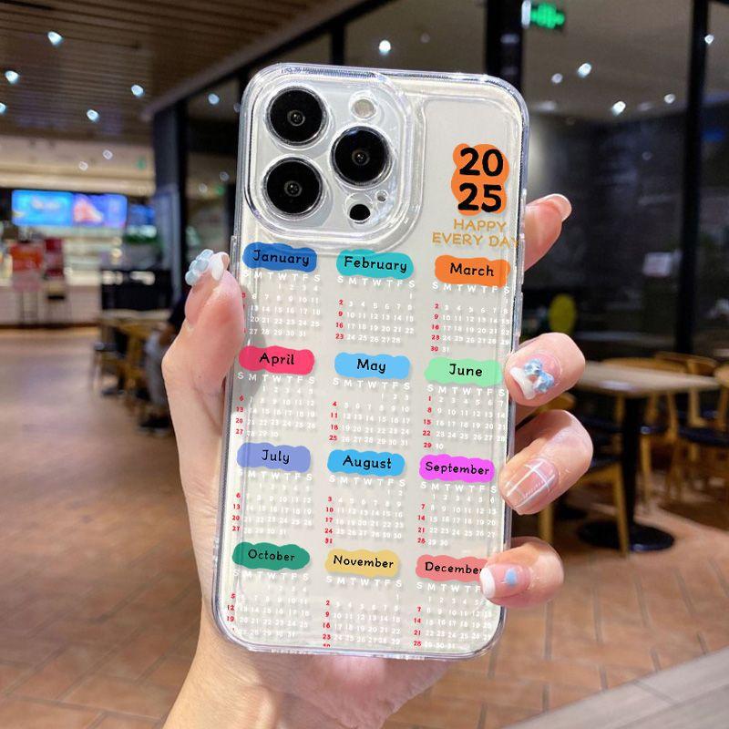 2026 White Character Calendar for iPhone17 Space Phone Case Apple 16promax Transparent 15/14 Fine Hole
