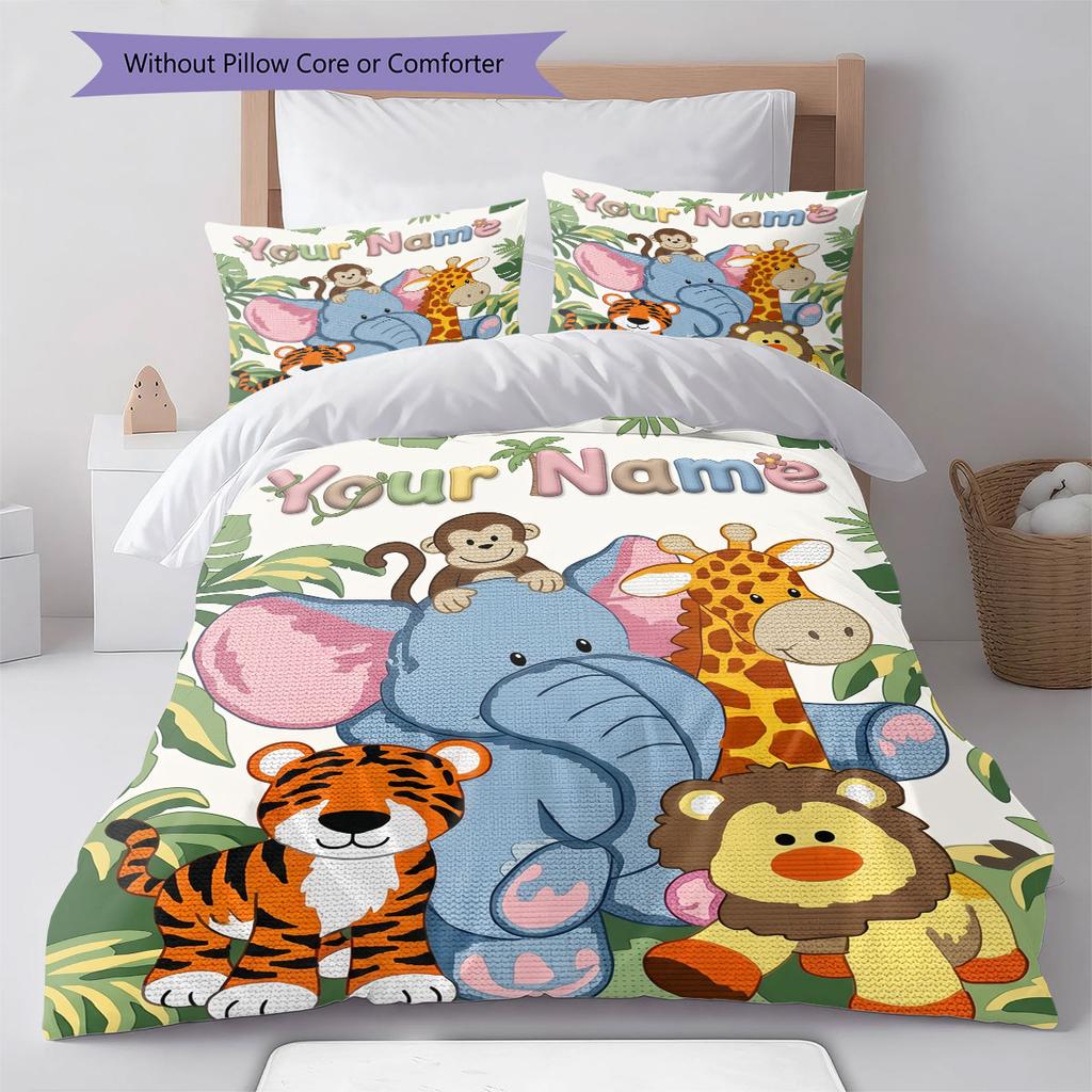 Custom Name,Cute Safari Animal Series Pattern Bedding Home Decoration Birthday Gift ( 1 Duvet Cover + 2 Pillowcase, Without Core),fan Merchandise.