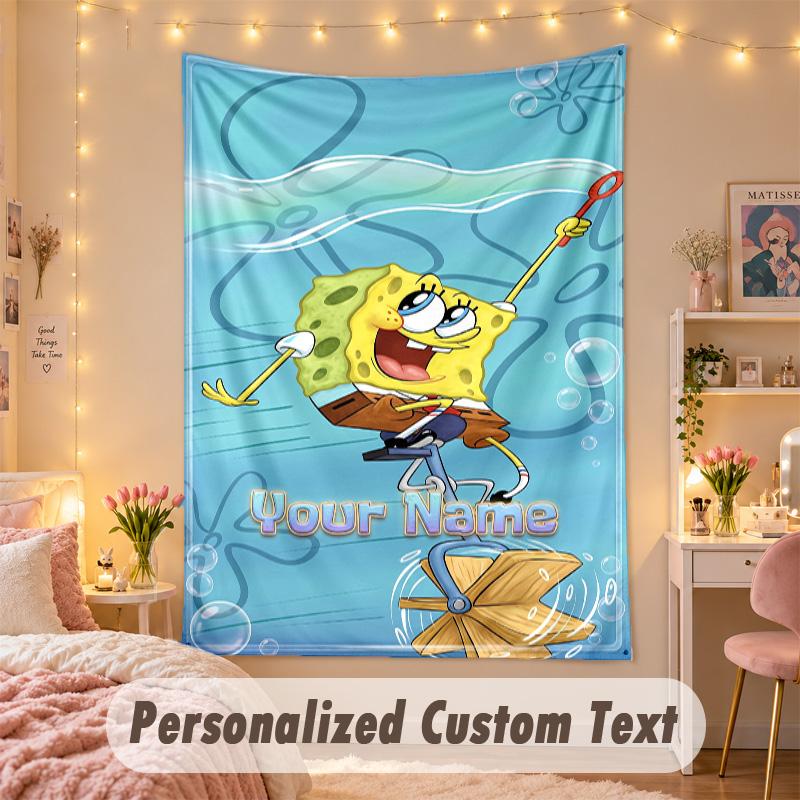 Custom Personalized Tapestry,SpongeBob Print Custom Name Text Wall Art Hanging for Bedroom