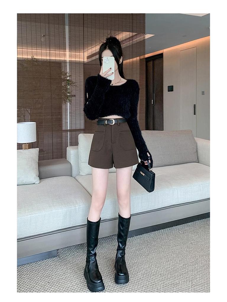 2024 High-Waisted Woolen A-Line Shorts for Women - Autumn/Winter Petite Coffee Tone Casual Bootcut Style.