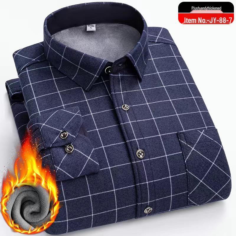 Men's Winter Fleece-Lined Plaid Shirt - Warm, Long-Sleeved Business Casual for Middle-Aged & Elderly, Plus Size Available