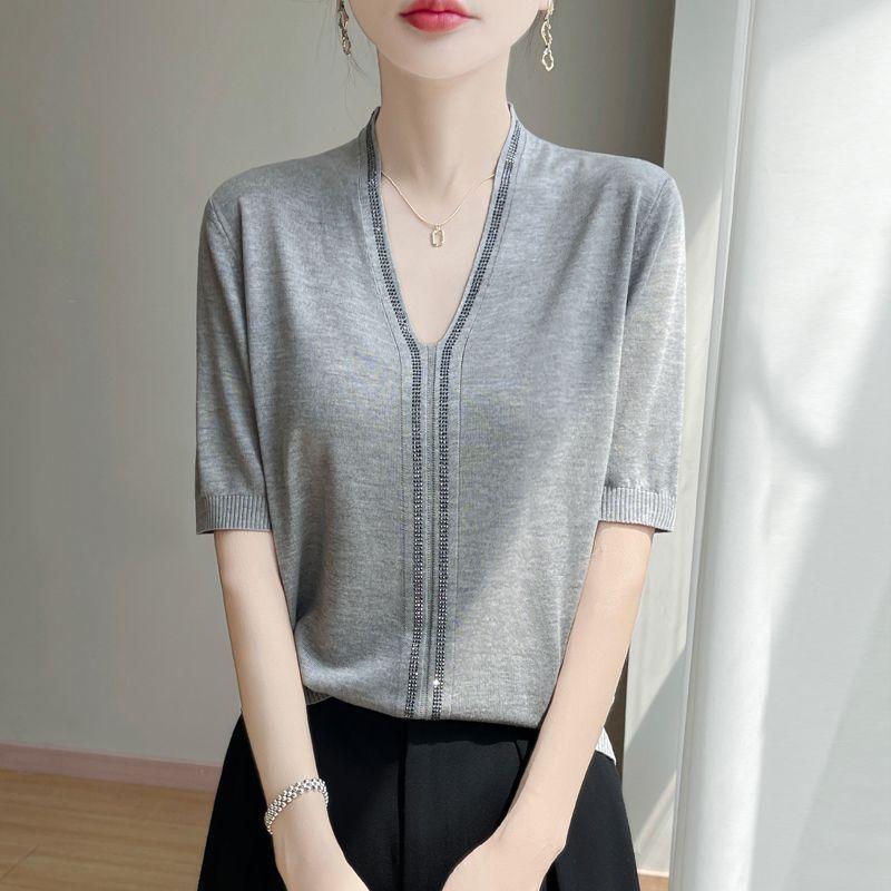 Summer Women's Silk Knit Sweater Short Sleeve V-neck Diamond Knitted Sweater Loose Knit  T Shirt Top