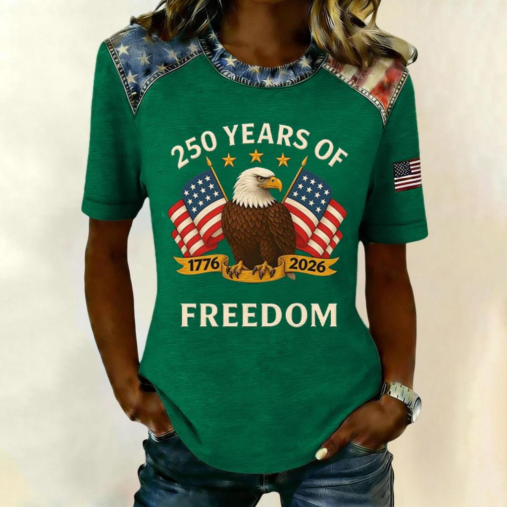 Women's Casual Short Sleeve T Shirt 250 Years of Freedom Patriotic Graphic Tee with Eagle and Flag Print Comfortable Fit