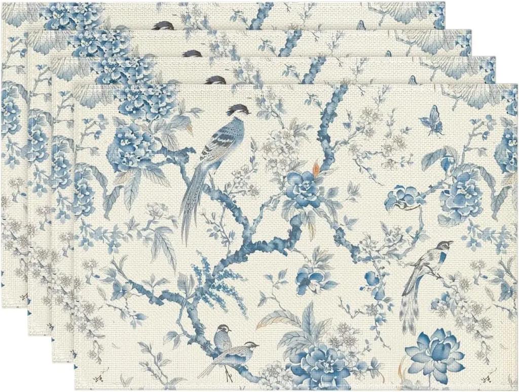 1PC Artoid Mode Bird Floral Leaves Chinoiserie Placemats Branches Spring Table Mats for Party Kitchen Dining Decoration
