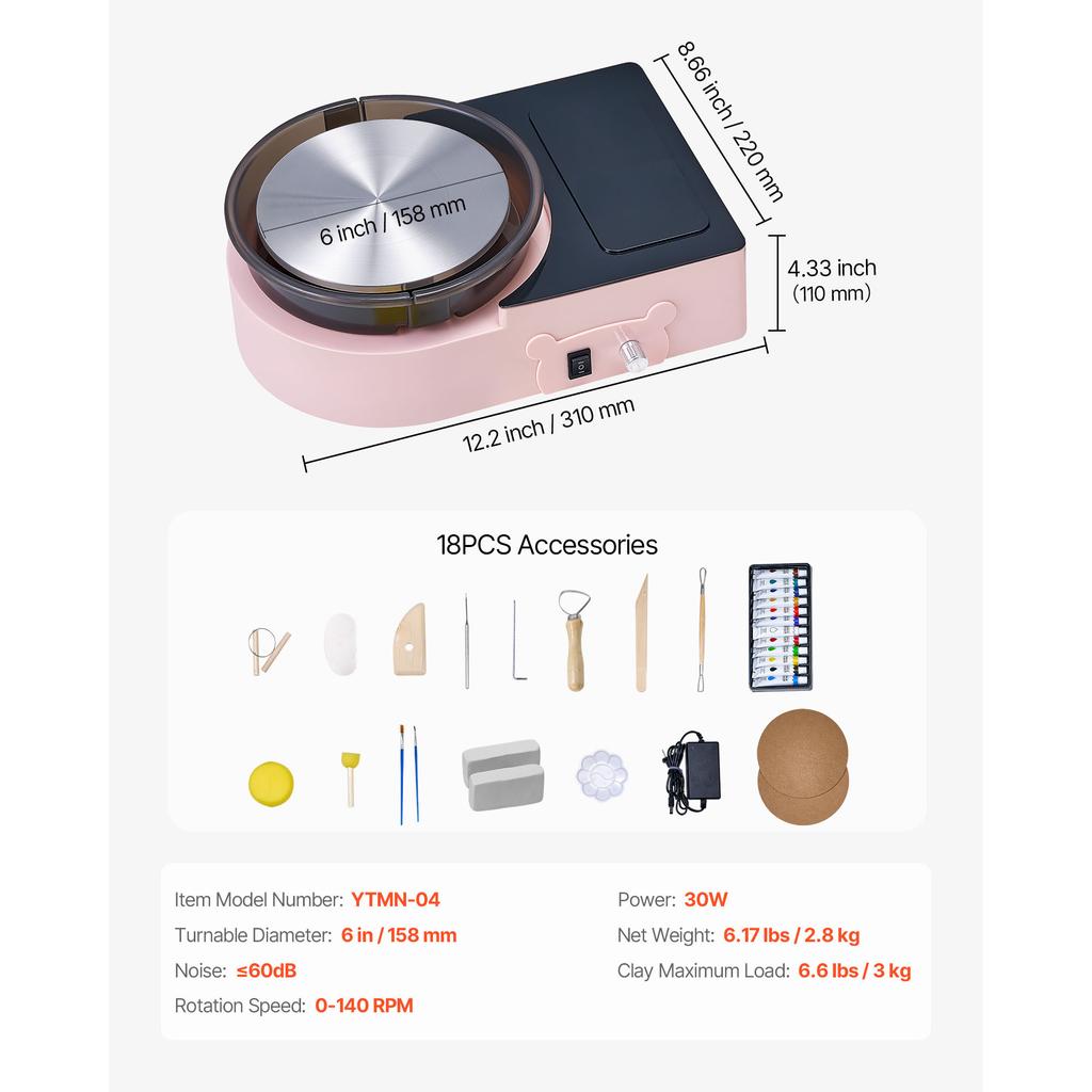 SucceBuy 3/6 Inch Mini Pottery Wheel Turntable Forward Reverse Rotation Adjustable Speed Electric Clay Wheel for Kids and Adults