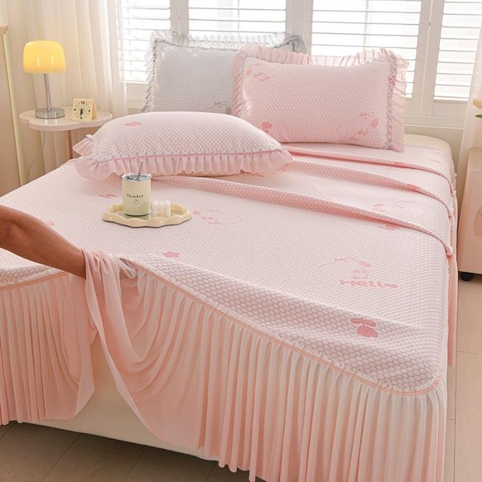 

2026 3pcs Full-Coverage Lace Jacquard Ice Fiber Fabric Cooling Mat Bed Skirt Soft and Comfortable Foldable Bed Skirt Bed Cover 3pcs 150x200cm