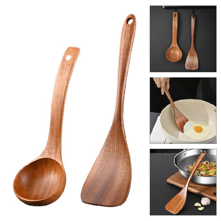 2 Pack Long Handle Wood Cooking Utensils Wood Spatulas Flat Turner Frying Spatula Wood Texture for Seamlesses Cooking