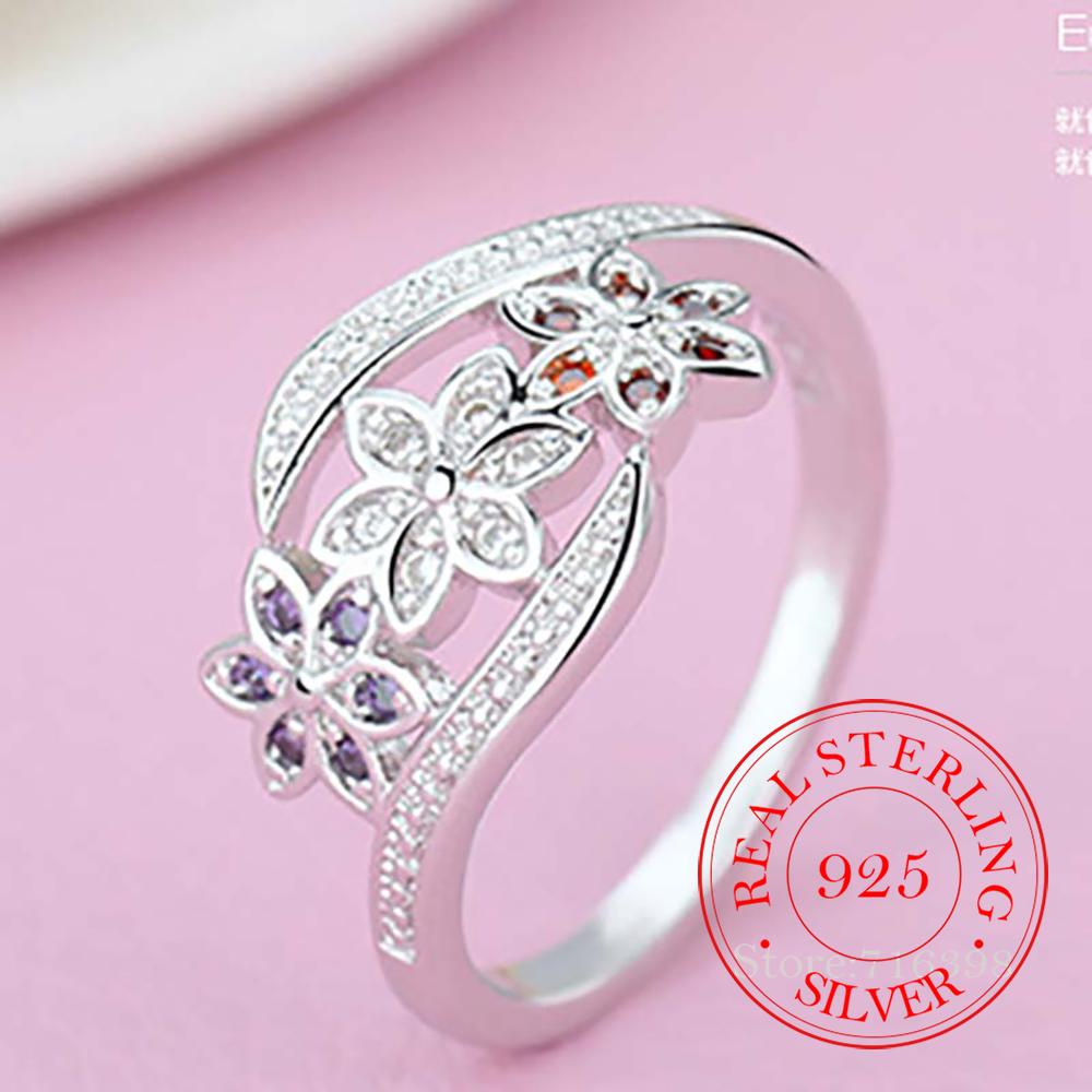 

925 Sterling Silver Flower Ring for Women - Elegant White Red Purple CZ Jewelry Classic Dainty Band for Wedding Engagement 7