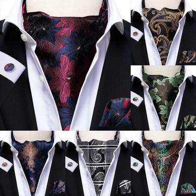 Hi-Tie Pánská móda Kravata Hedvábné šátky Ascot Paisley Sada květinových kravat pro muže Kapesník Sada manžetových knoflíčků