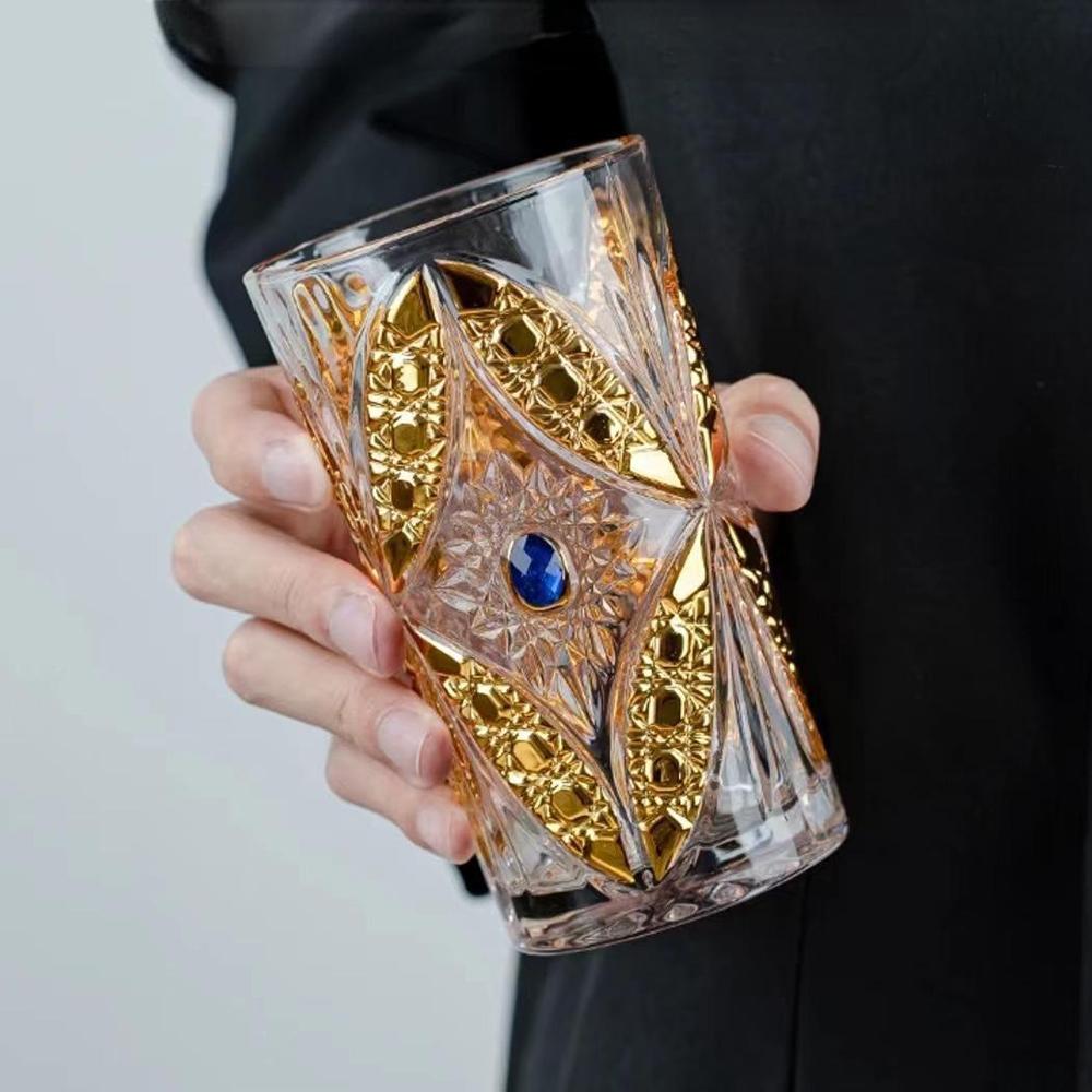 1pc, Crystal Glass Butterfly Cup, High End Lead-free Glass Wine-glasse, Retro Relief Water Cup, Home Golden Juice Cup, 360ml