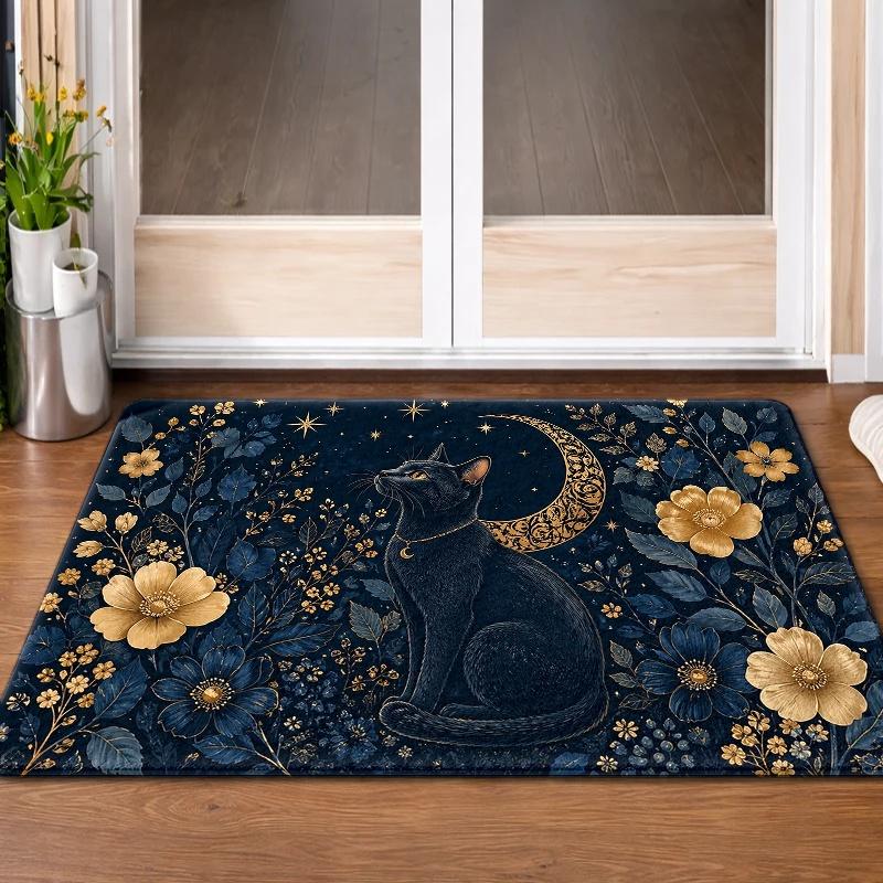 1pc Black Golden Moon Black Cat Floral Pattern, Flannel Material, Door Mat, Pointed Bottom, Machine Washable, Suitable for Entrance, Shower Room, Balc
