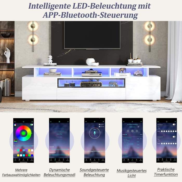 TV Cabinet - LEMONBEST - 180x38x45 Cm - Glossy White - Controllable LED - 2 Cabinets 1 Drawer