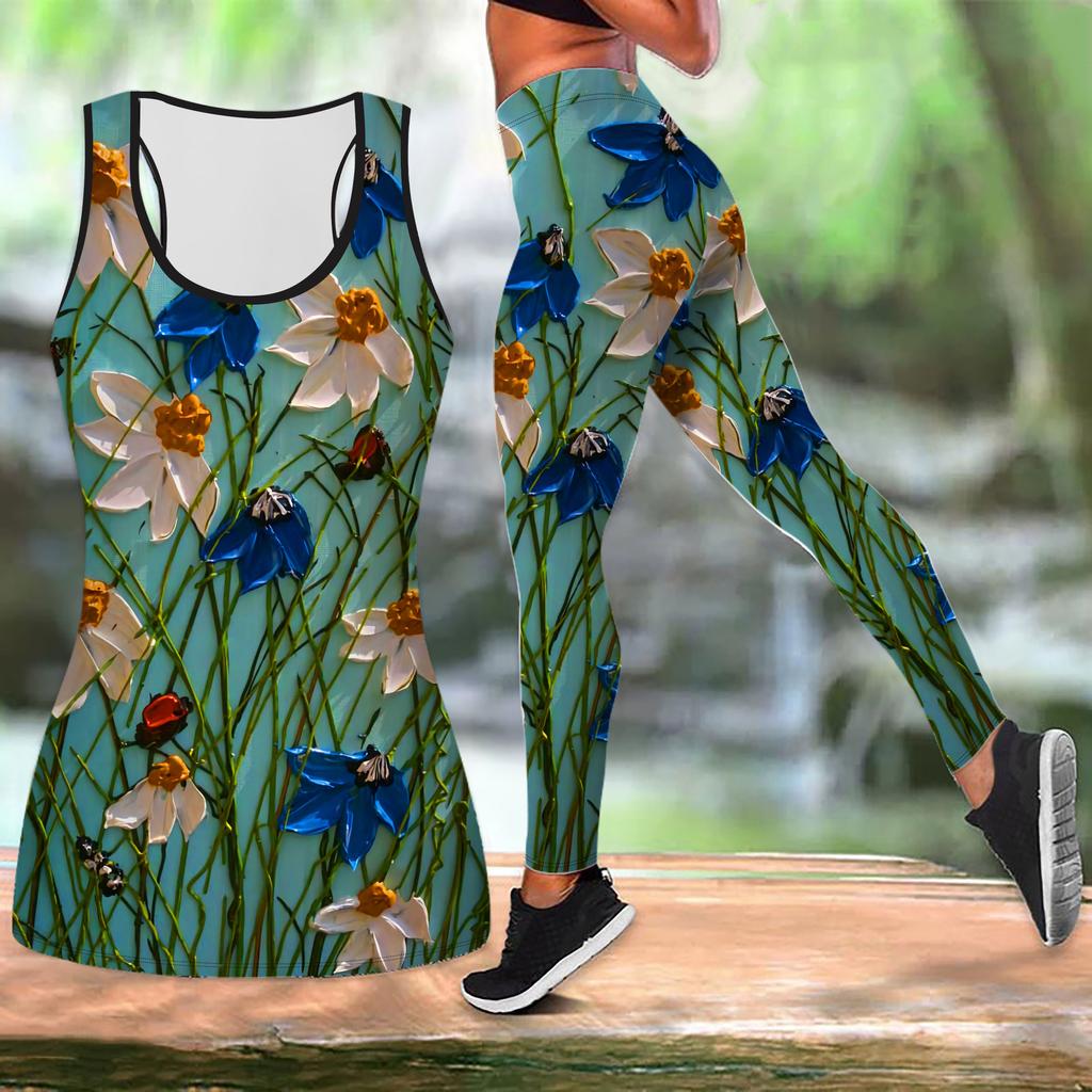 Green Wild Flowers Print Yoga Outfit for Women Fashion Workout Leggings Fitness Sports Casual Yoga Set Sports Suit
