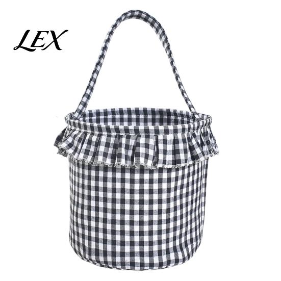 Versatile Household Storage Halloween Basket, Plaid Ruffle Trick or Treat Candy Bucket with Handle Easter Egg Hunt Carriers for Kids, Reusable Gingham