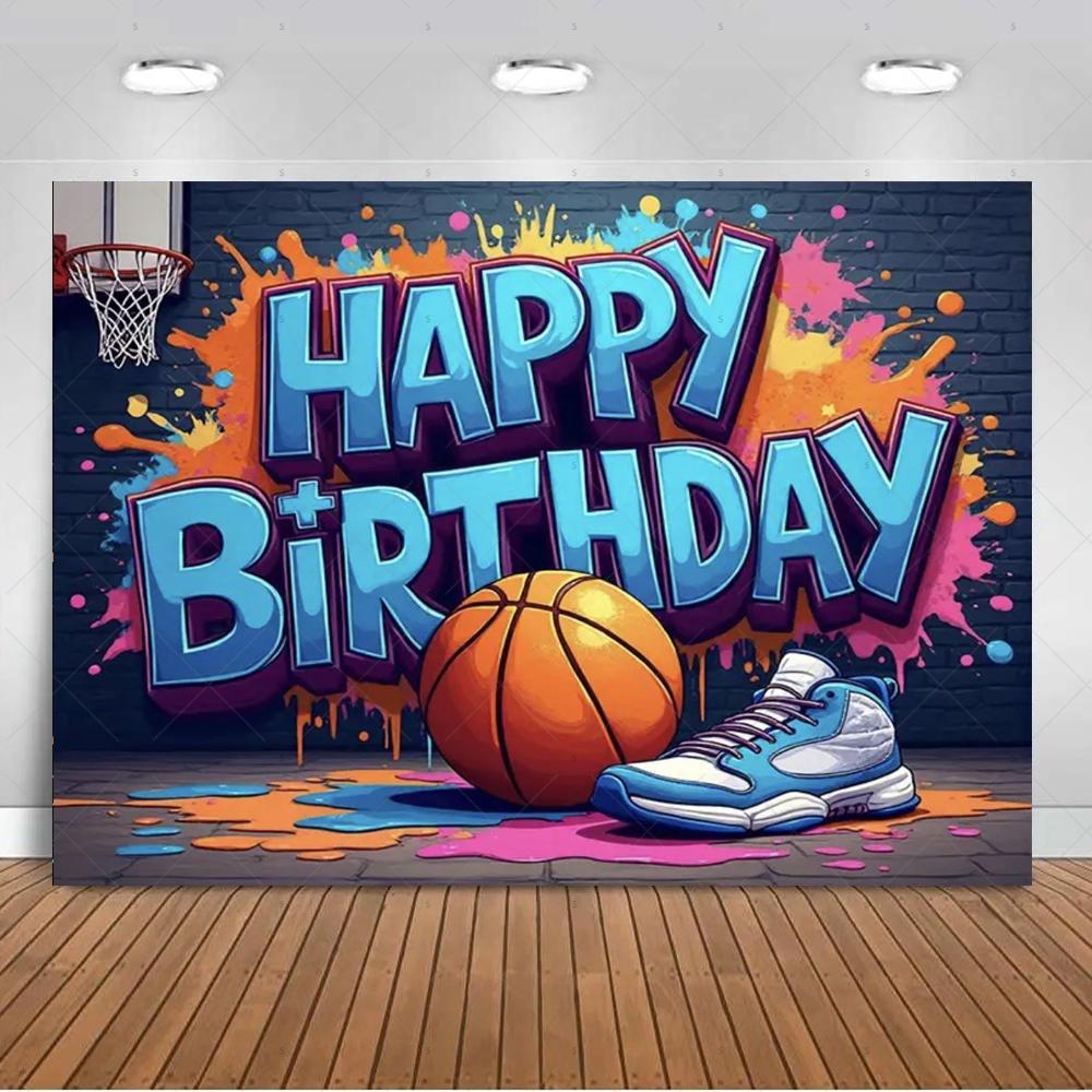 Basketball-themed birthday party decoration, backdrop for boys and girls, colorful happy sports banner.4589