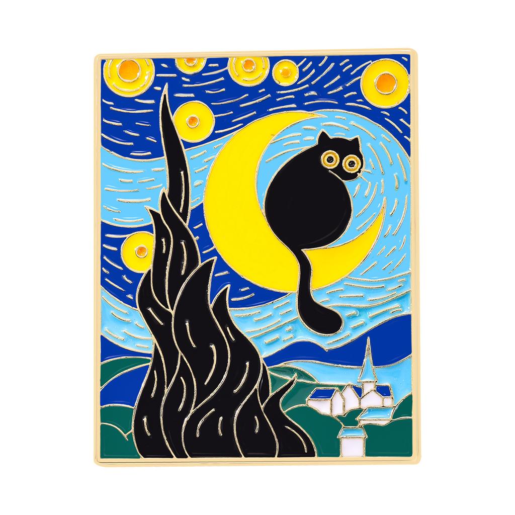 Cartoon Van Gogh Oil Painting Brooch Personality High Sense Abstract Art Wind Cat Looking Up At the Stars Metal Badge Accessories