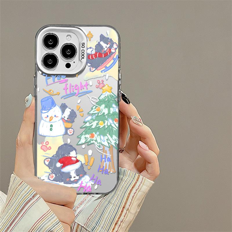 New Christmas puppy iPhone 16 Pro Max phone case, dual-layer colored silver, 14/13 inches, drop protection.