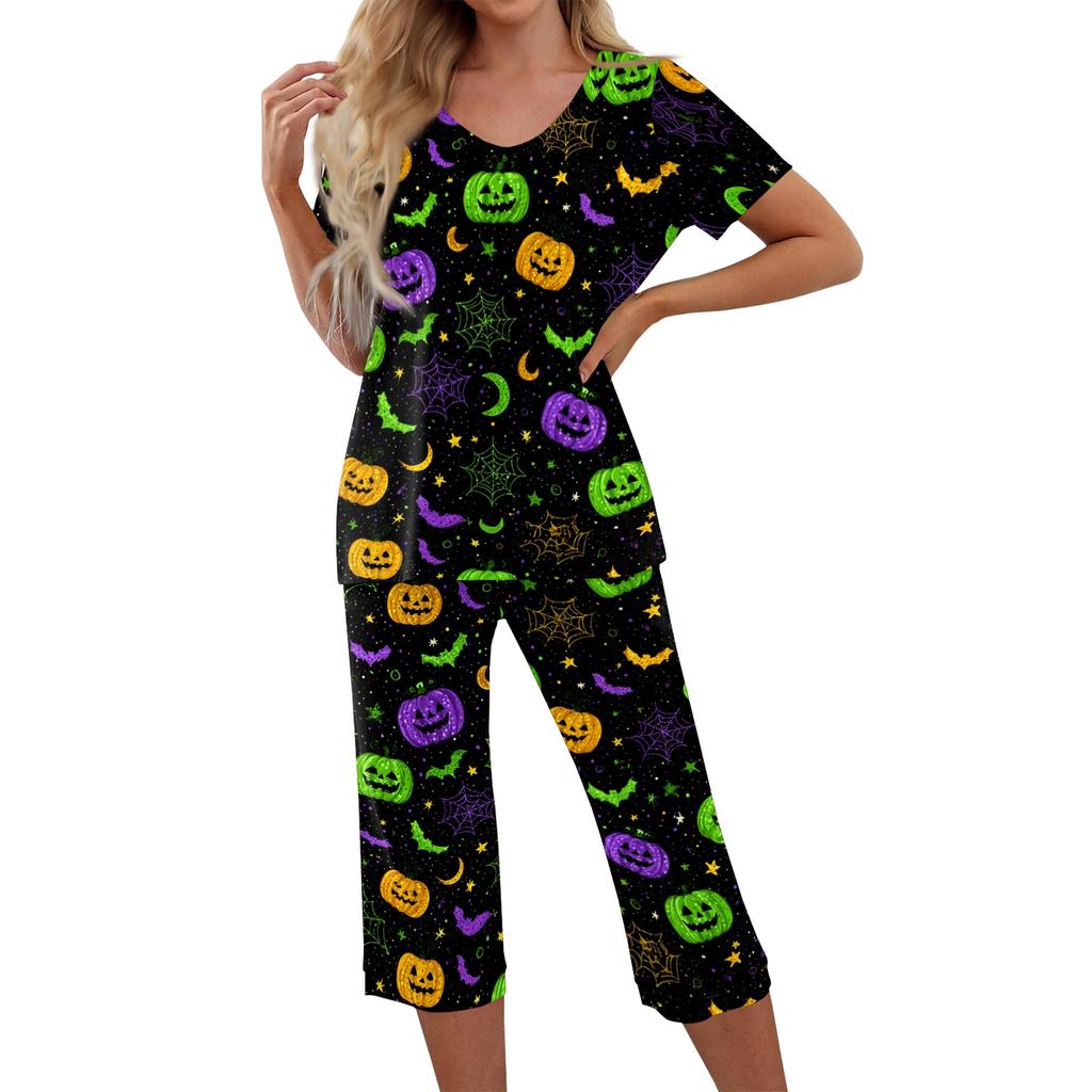 Women's Two Piece Set Short Sleeve Top and Capri Pants Casual Lounge Wear Halloween Floral Print Spider Web Pattern Soft Fabric