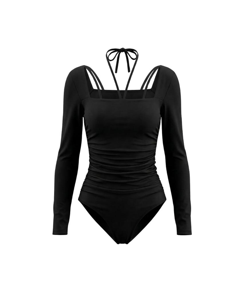 VIKINI VENDER (Bardot X Vikiven) Saint-Tropez Long Sleeve Shirred Monokini - Black