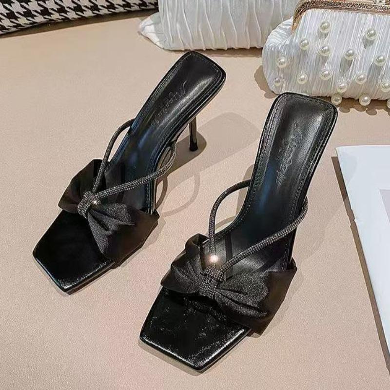 Fashion Bow Women Slippers High Heels Square Toe Sandals Shoes Crystal Summer 2025 Trend Open Toe Stilettos Pumps Dress Zapatos Mujer