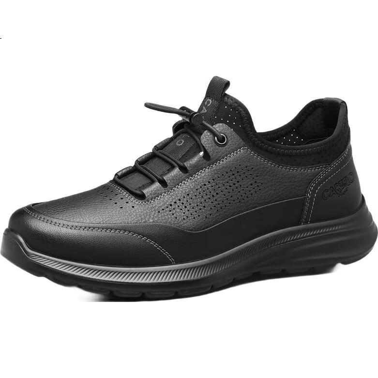 CARTELO Men's Leather Shoes, Summer Cowhide Breathable Men's Sandals, Soft-Soled Sports Casual Shoes, 5207 Black, Size 45