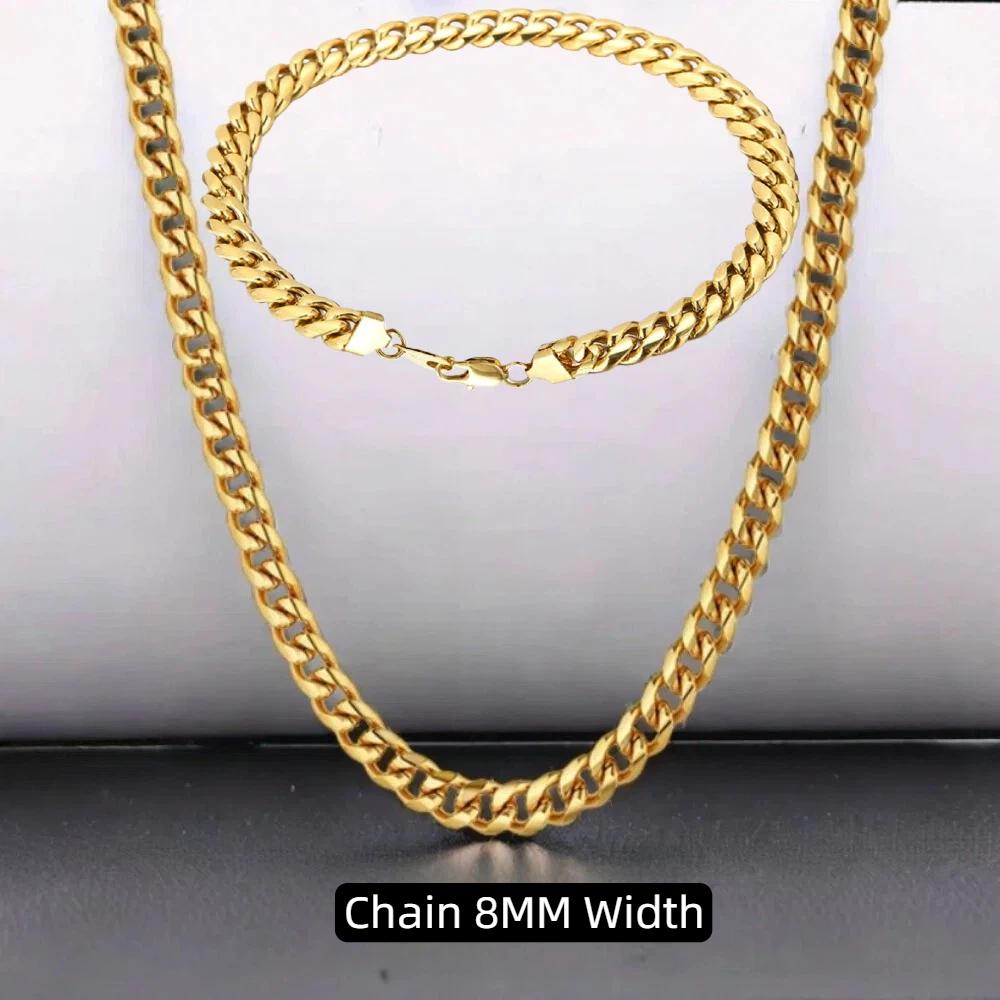 8/10MM Chunky Fashion Cuban Chain Necklace Bracelet Set Hip Hop for Men/Women Gold Plated Stainless Steel Curb Link Chain Sets