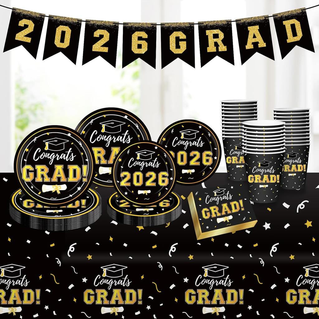 Graduation Decorations Disposable Black Graduation Tableware Kit For 25 Guests Plates Napkins Cups Tablecloth Hanging Graduation Party Decorations