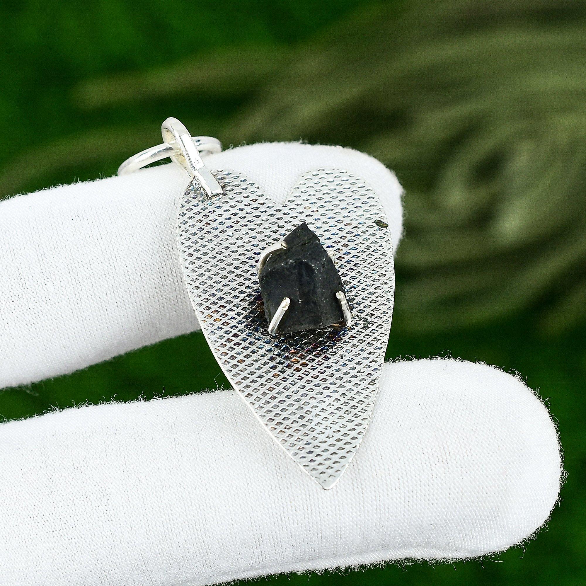 

Sterling Silver Pentagon Natural Black Kyanite Rough Bezel Birthday Boho Pendant