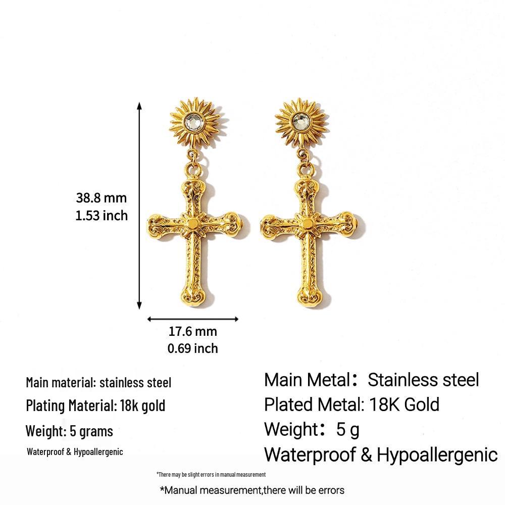 18K Gold-Plated Stainless & Titanium Steel Cross Stud Earrings for Women