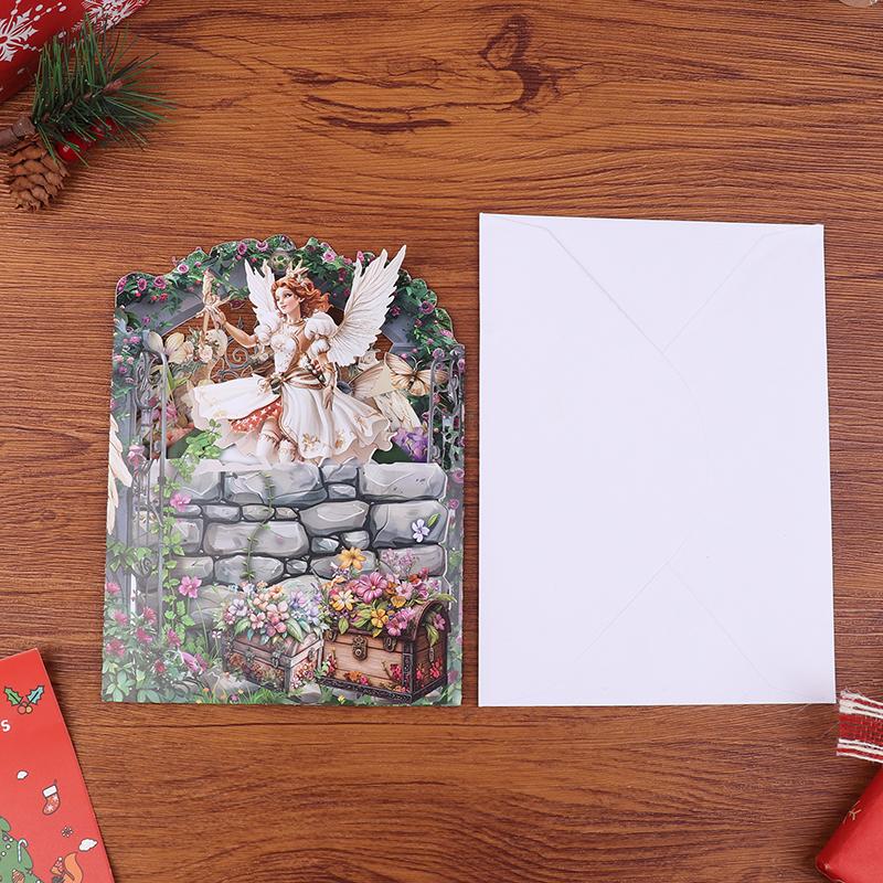 Retro Oljemålning Julängel Dubbeldörr Tre-dimensionellt Grattiskort, Vacker Ängel, Utsökta Stora Vingar, Jul