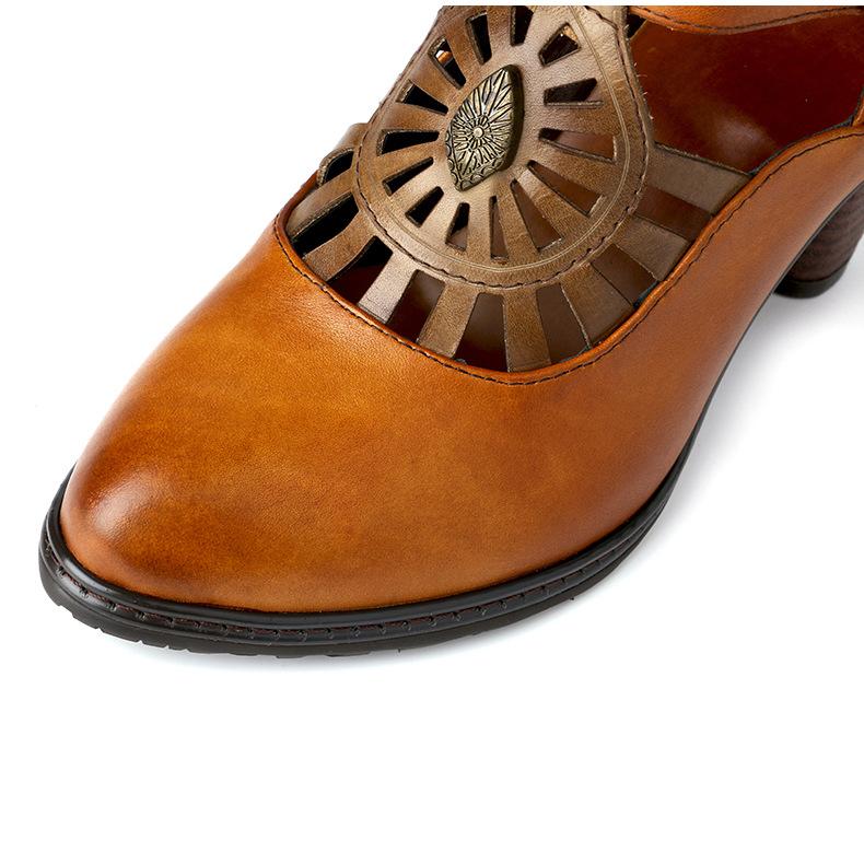 Johnature Genuine Leather Hollow Out Thick Heel Pointed High Heels Retro Pumps Hand Painted Shallow Women's Shoes