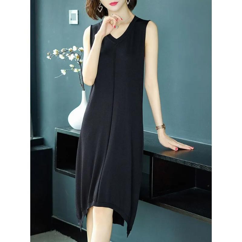 Women's Black V-neck Sleeveless Dress Loose Casual Midi Dress for Summer