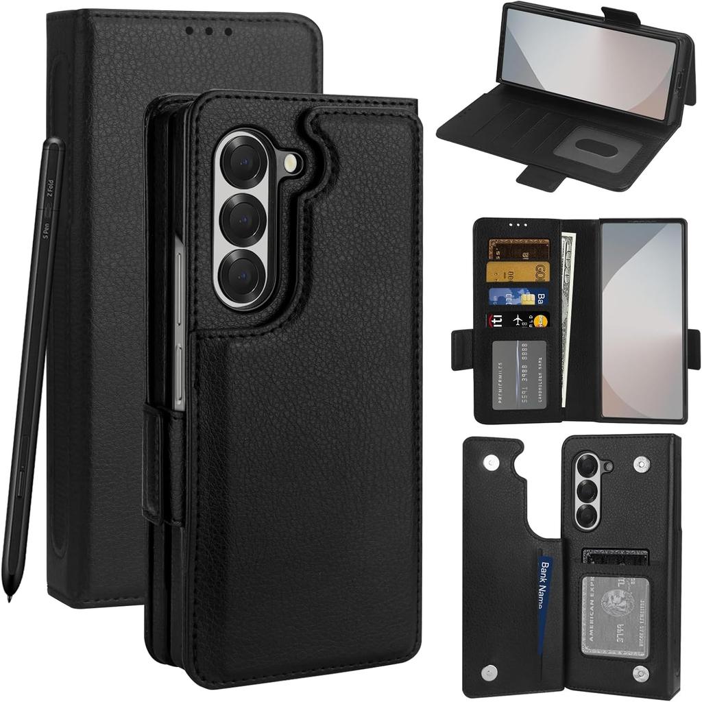 Vofolen for Samsung Galaxy Z Fold 6 Case with Card Holder & S Pen Holder, PU Leather Flip Case with Magnetic Clasp Kickstand Heavy Duty Rugged Wallet