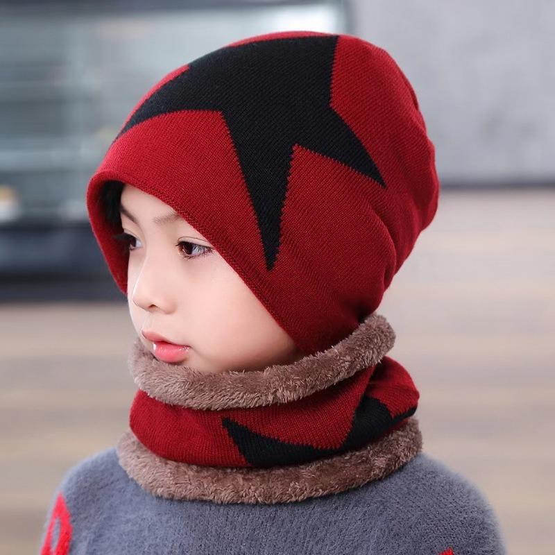 (TAGLIA)Cappelli invernali caldi lavorati a maglia con colori a contrasto in pile per set di due pezzi cappello + sciarpa per bambini