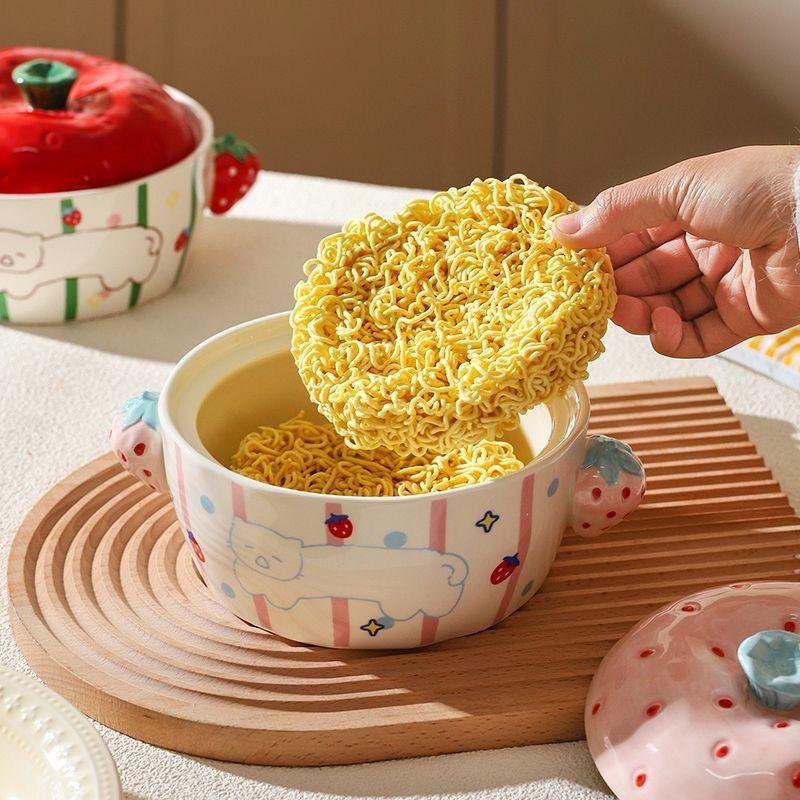 Süße Keramik-Ramen-Schüssel mit Deckel, Nudelsuppenschüssel für Zuhause & Studenten