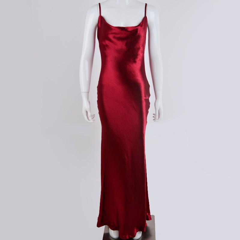 Elegant Satin Long Dress With Suspenders Leaky Back Sexy Evening S вино красного