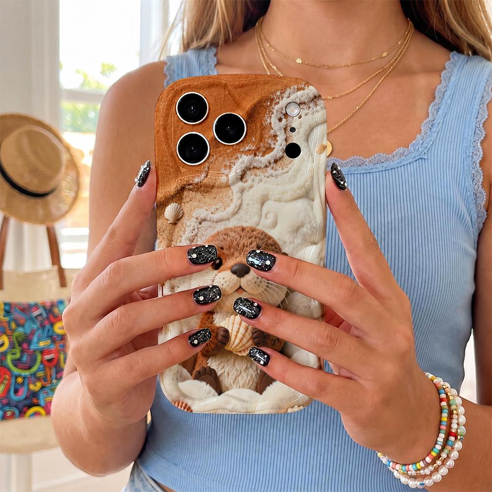 Fluffy Otter Beach Shell Wavy Edge Phone Case For iPhone 17 16 15 14 13 12 11 8 7 Plus Pro Max Cute Animal Soft Cover