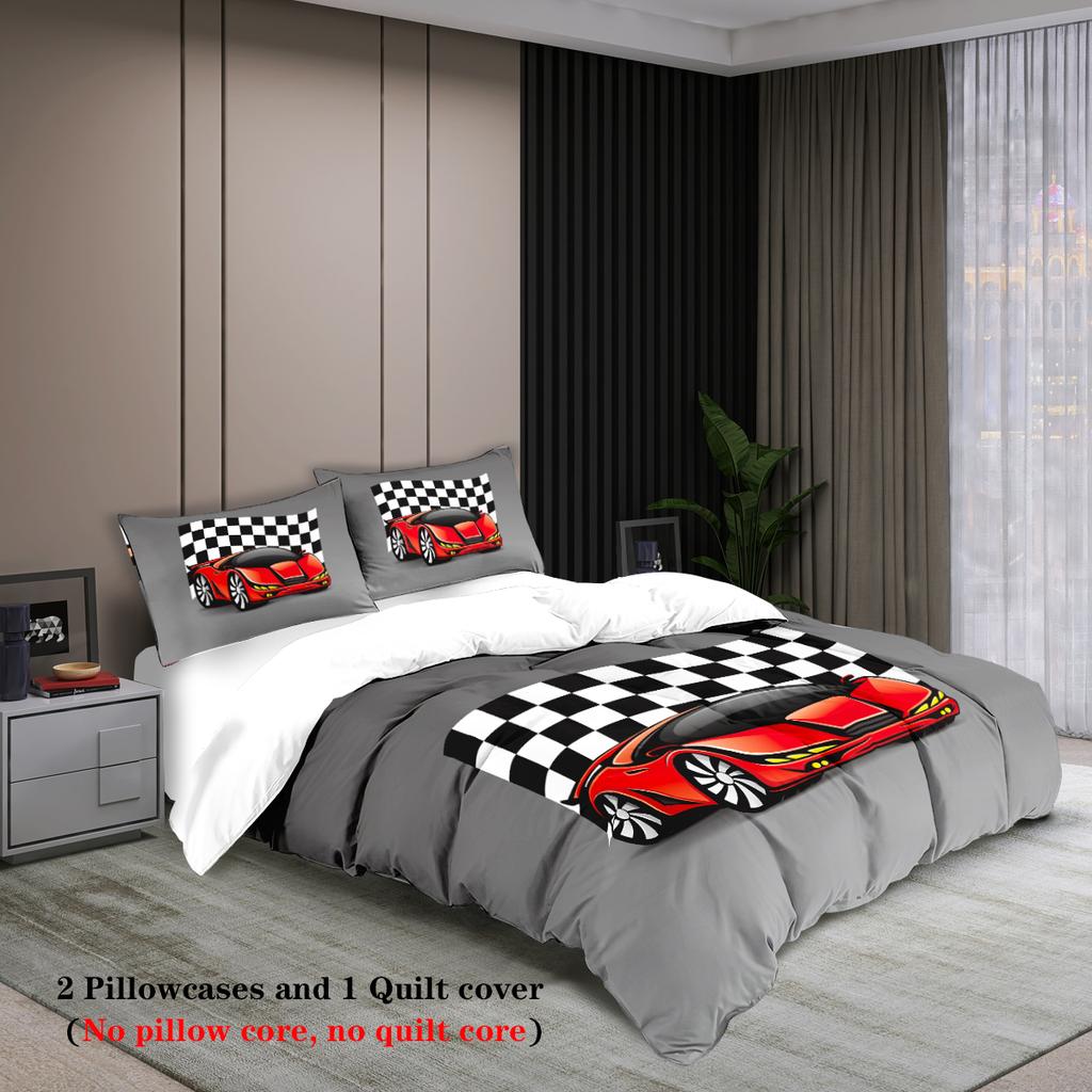 3-teiliger Daunenbettbezug mit Cartoon-Rennmusterdruck (1 Bettbezug+2 Kissenbezüge, ohne Füllung) Bettwäsche-Set