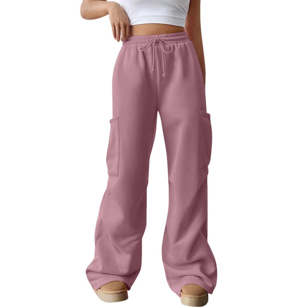 Women's Casual Fashion Solid Color Elastic Waist Drawstring Pocket Wide-Leg Straight-Cut Joggers