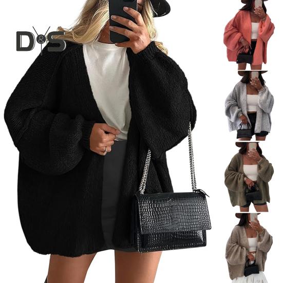 Cardigan feminino lanterna manga longa cor sólida oversized malha cardigan frente aberta leve suéter outwear