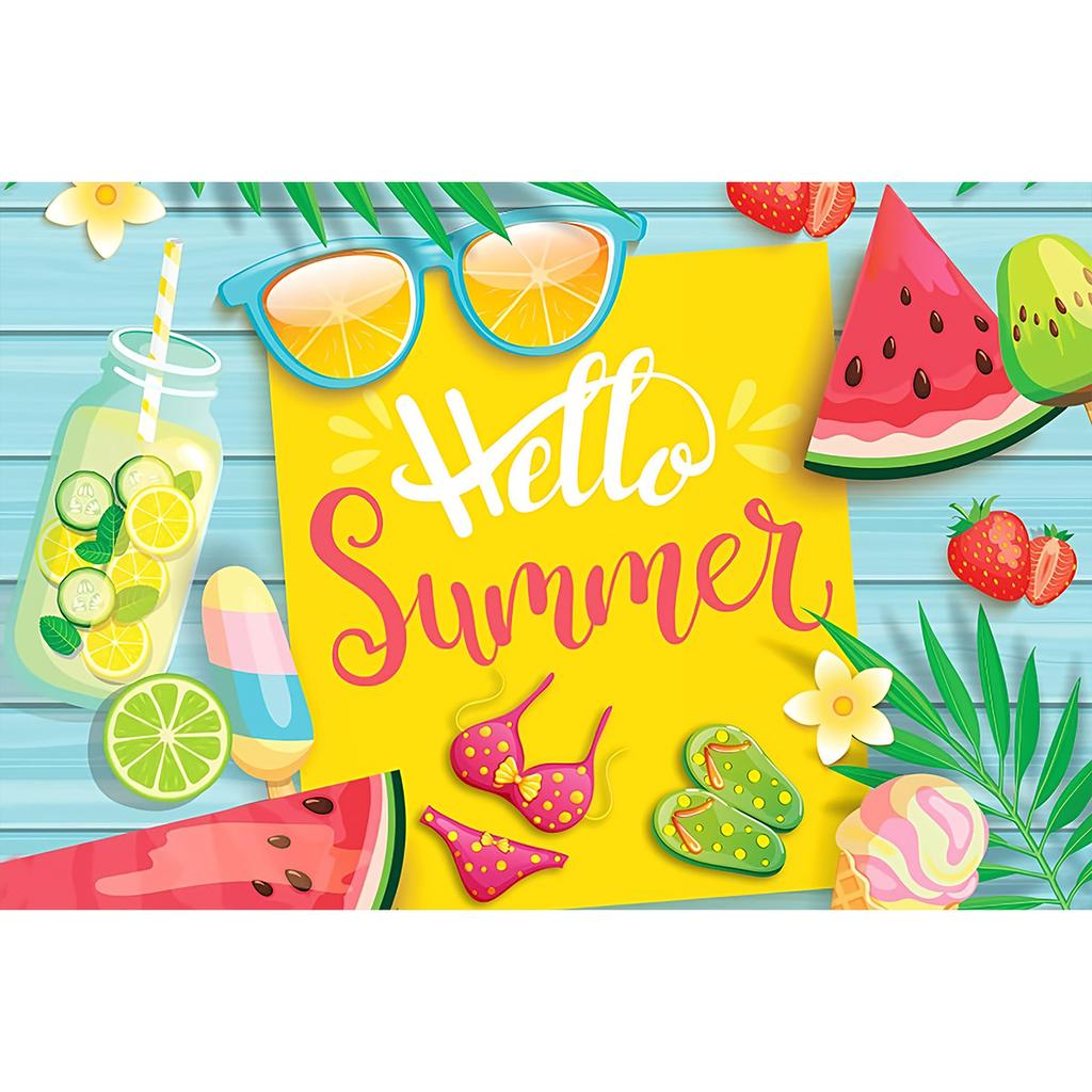 Hawaiian Beach Backdrop Hello Summer Tropical Ocean Palm Tree Surfboard Photo Background Luau Aloha Party Photo Booth Banner