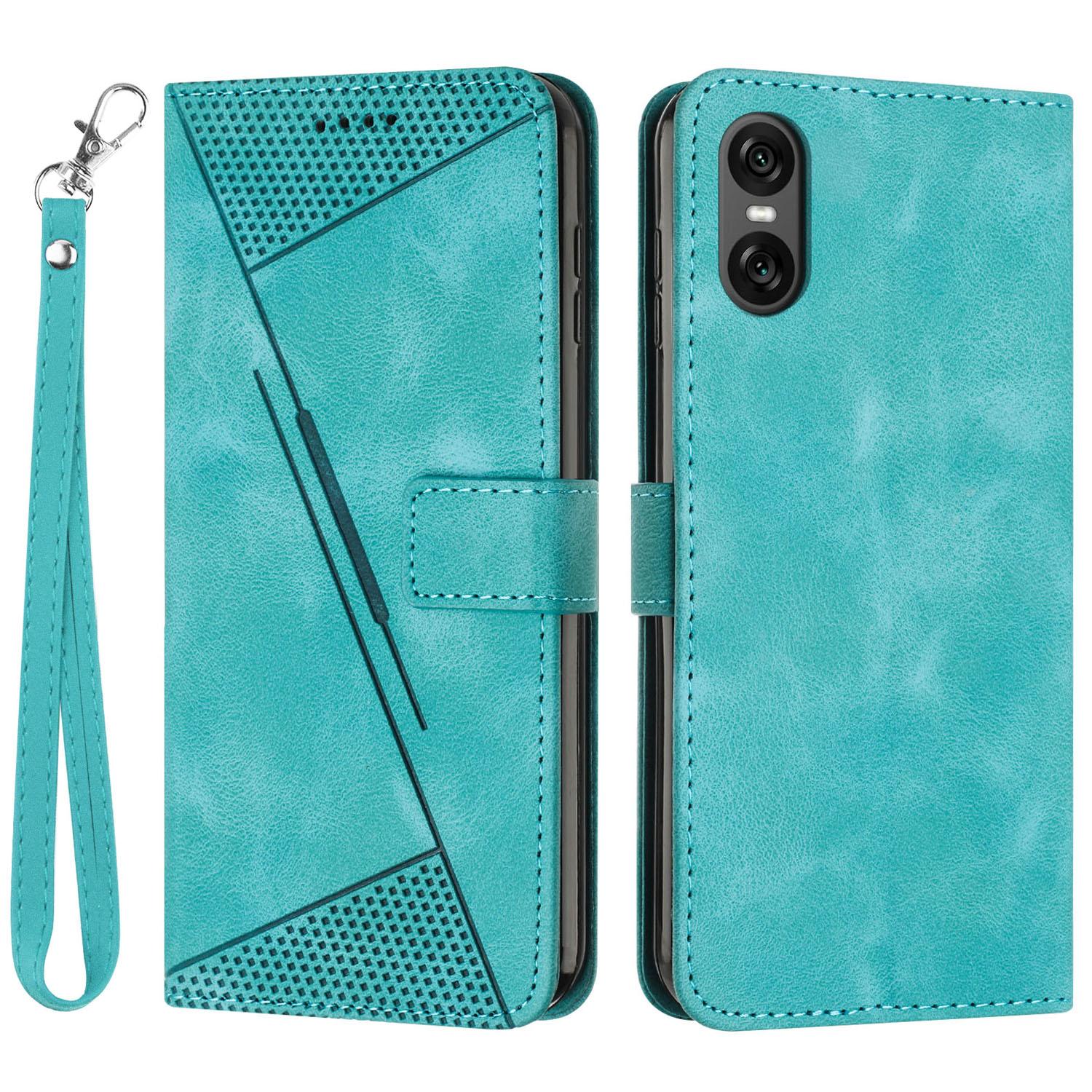 

For Sony Xperia 10 VI Case with Hand Strap Triangle Imprinted Wallet Phone Leather Cover Green
