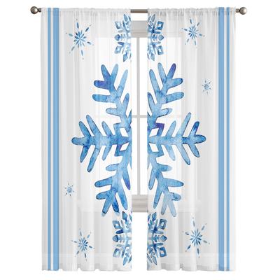 Cortinas transparentes transparentes para dormitorio, copos de nieve azules de Navidad, decoración navideña, cortina de tul de gasa para ventana