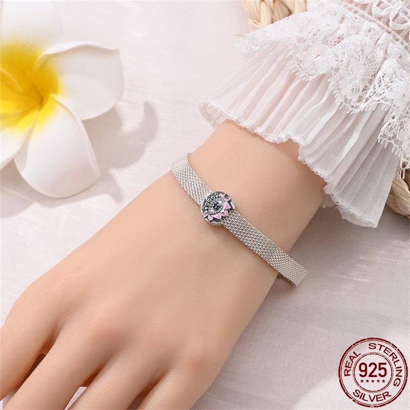 Copper Flat Beads-Pink Heartbeat Charms Fit 3Mm Pan Bracelet Diy Beads For Women Birthday Fine Jewelry Gift