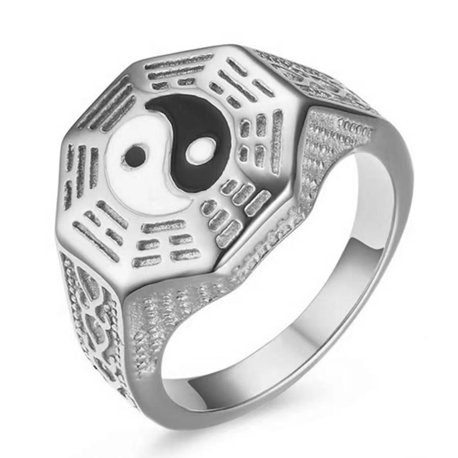 Chinese Retro Enamel Yin Yang Bagua Men's Ring In Ethnic Style