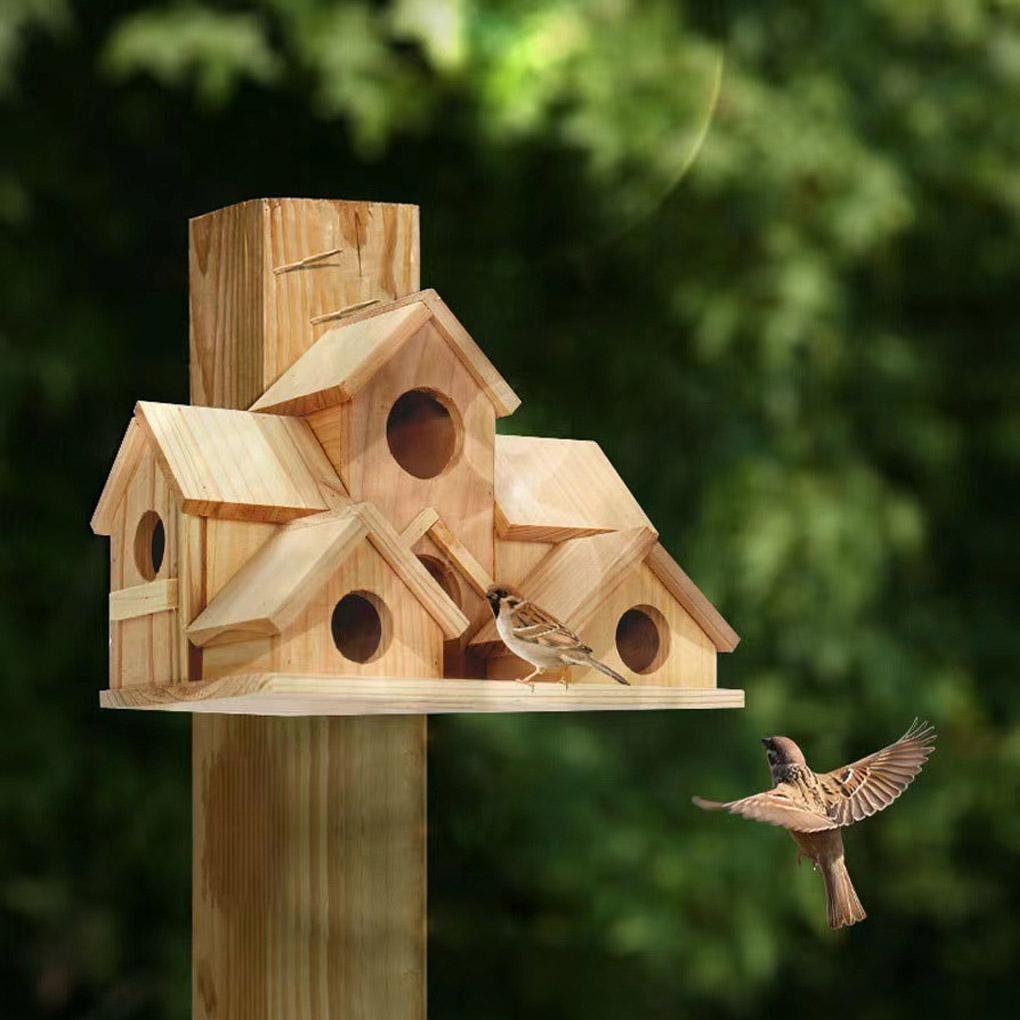 5 Hole Bird Houses Outdoor for 5 Bird Families Bluebird Finch Cardinals Natural Wood Hanging Birdhouse Garden Decoration