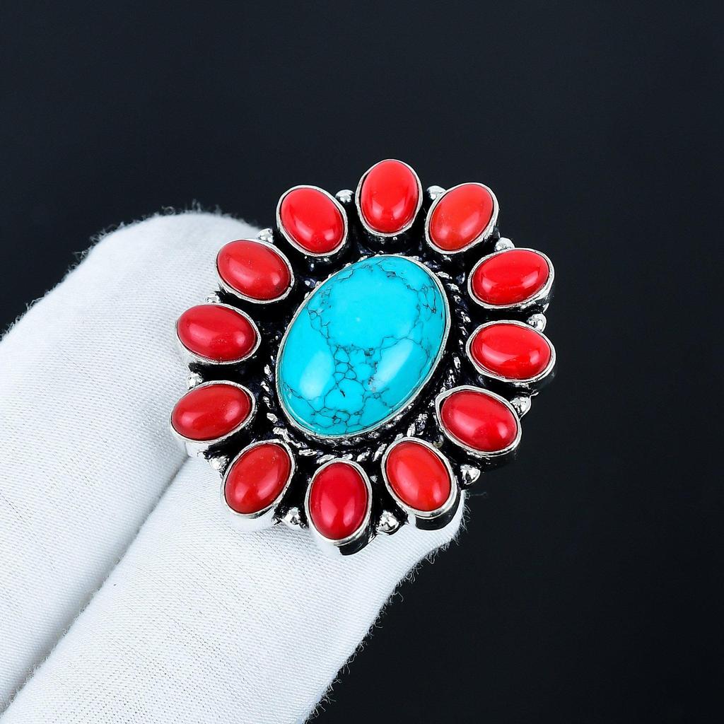 Turquoise, Red Coral Gemstone Ring, 925 Sterling Silver Ring, Gift For Her, Oval Stone ,Elegant Handmade Ring, Turquoise Flower Silver Ring Gift