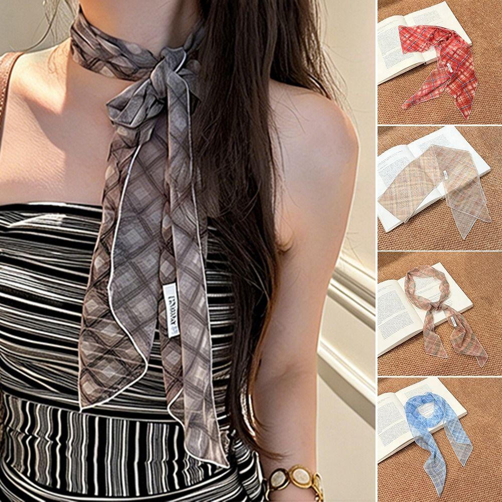 Gifts Lattice Checkered Silk Scarf for Women Long Striped Atmospheric Belt Neck Scarf Thin Long Ribbon Neck Tie Scarf